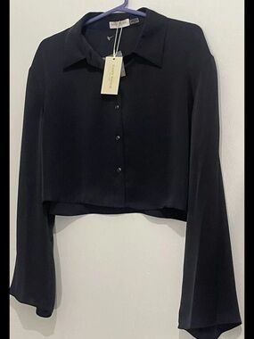 Ramy Brook Women’s Skyla Satin Button-Front Crop Top Shirt Black Sz XL NWT